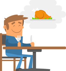 Man sitting at a table dreaming to eat chicken