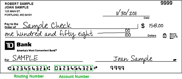 TD Bank Sample Check - Routing Number